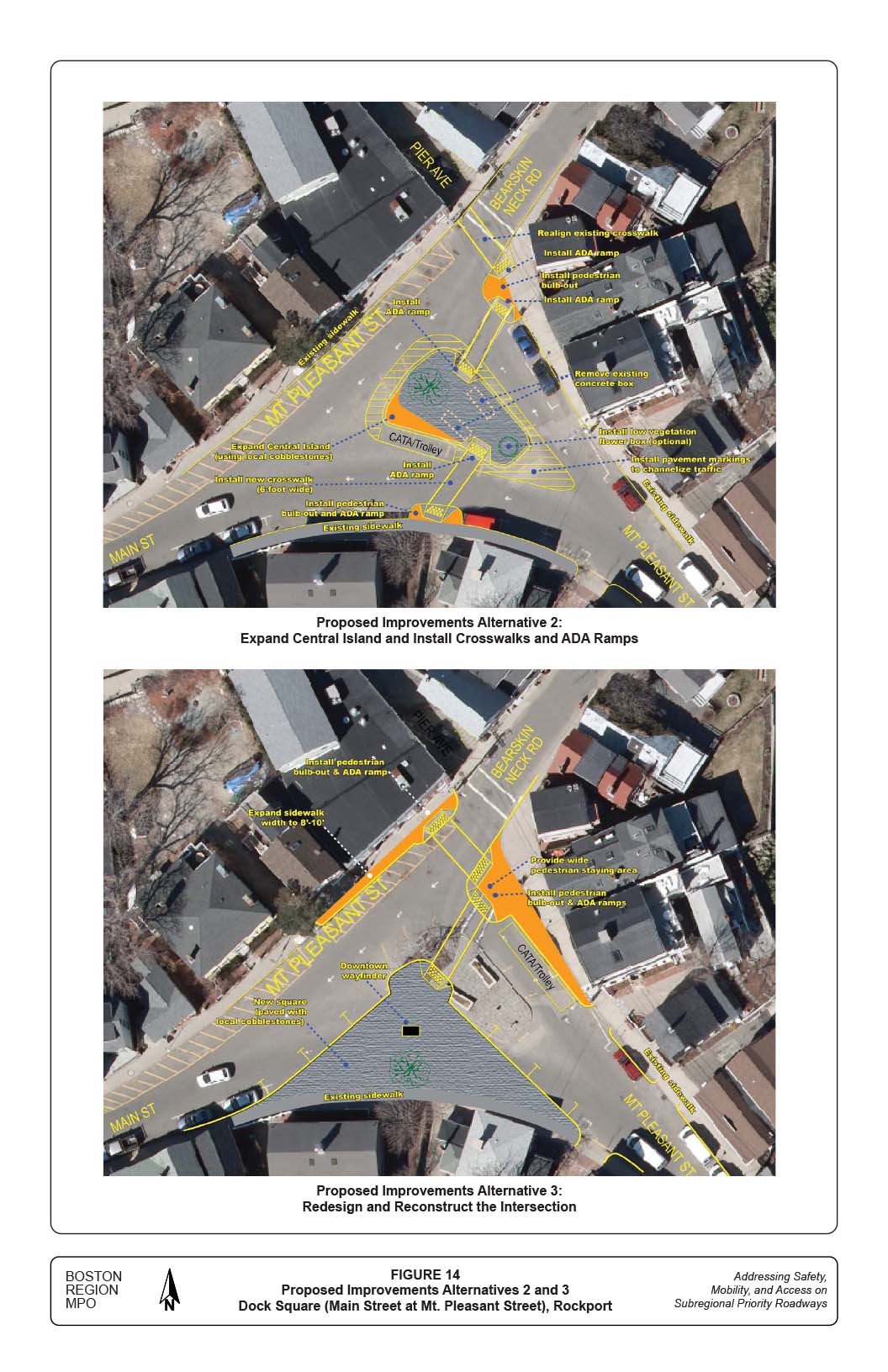 FIGURE 14. Proposed Improvements Alternatives 2 and 3 Dock Square (Main Street at Mt. Pleasant Street), Rockport
This figure contains two aerial-view maps of the intersection of Dock Square (Main Street at Mt. Pleasant Street), Rockport in the study area. The maps denote, with both text and pointing arrows, the existing conditions and proposed improvements. 
1)	The first image, Expand Central Island and Install Crosswalks and ADA Ramps, cites (in clock-wise direction): Realign existing crosswalk; install ADA ramp; install pedestrian bulb-out; install ADA ramp; remove existing concrete box; install low vegetation flower box (optional); install pavement markings to channelize traffic; existing sidewalk; install ADA ramp; existing sidewalk; install pedestrian bulb-out and ADA ramp; install new crosswalk (6-foot wide); expand central island (using local cobblestones; existing sidewalk; and install ADA ramp. 
2)	The second image, Proposed Improvements Alternative 3: Redesign and Reconstruct the Intersection, cites (in clock-wise direction): Provide wide pedestrian staying area; install pedestrian bulb-out and ADA ramps; existing sidewalk; existing sidewalk; downtown wayfinder; new square (paved with local cobblestones); expand sidewalk width to 8’-10’; and install pedestrian bulb-out and ADA ramp.
